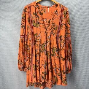 Free People Orange Just The Two Of Us Paisley Printed Tunic Dress Boho Fairy Med